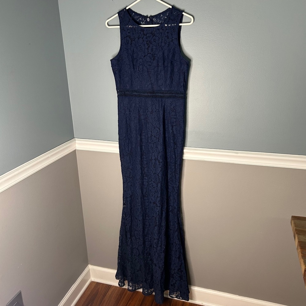 Lulus Navy Blue Floral Lace Sleeveless Maxi Dress Formal Size M mermaid